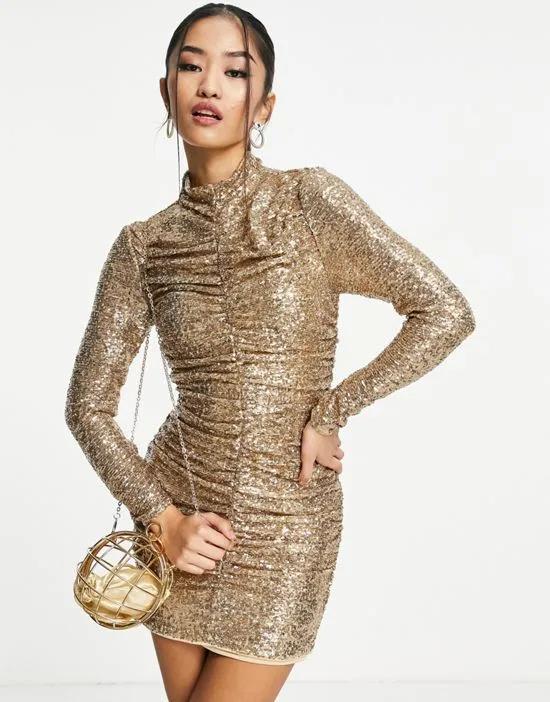 high neck ruched sequin mini dress in gold