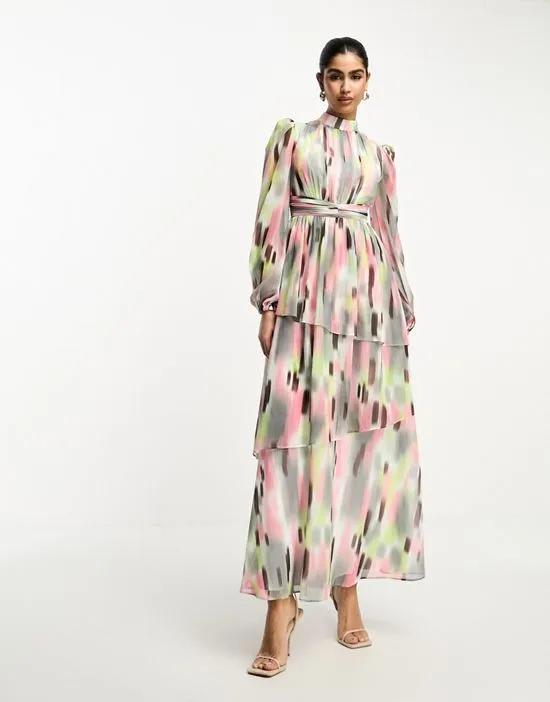 high neck ruched waist maxi tea dress in blurred multi print