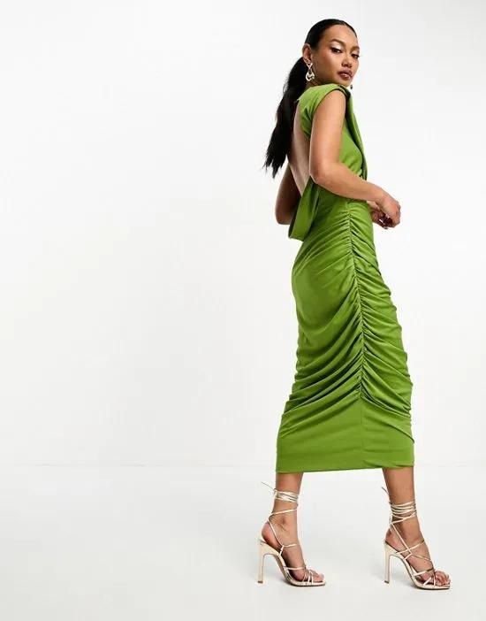 high neck ruched wrap around midi dress in olive green