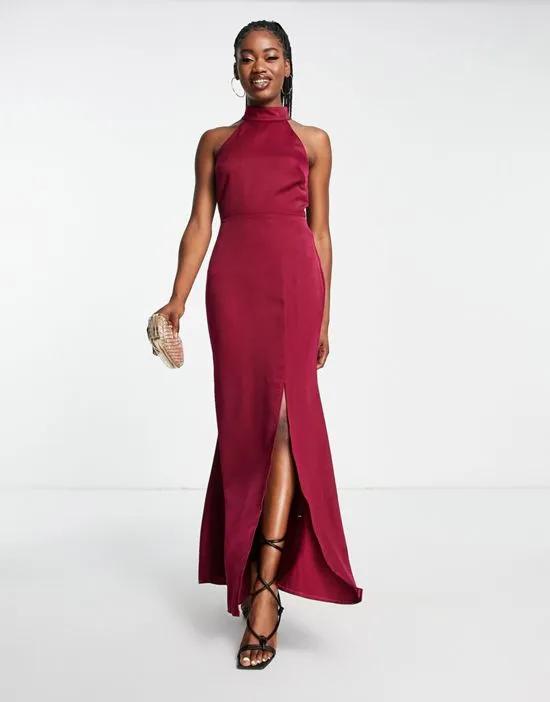 high neck satin maxi dress in wine red