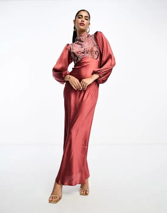 high neck satin maxi dress with embroidery in burgundy