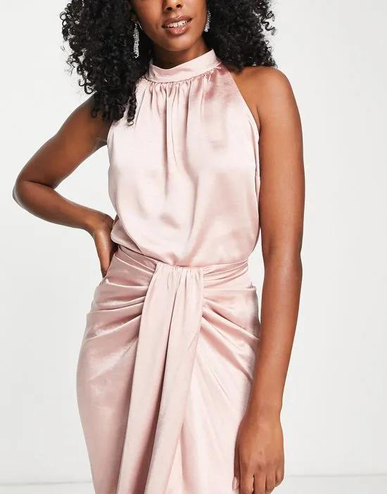 high neck satin top in blush - part of a set