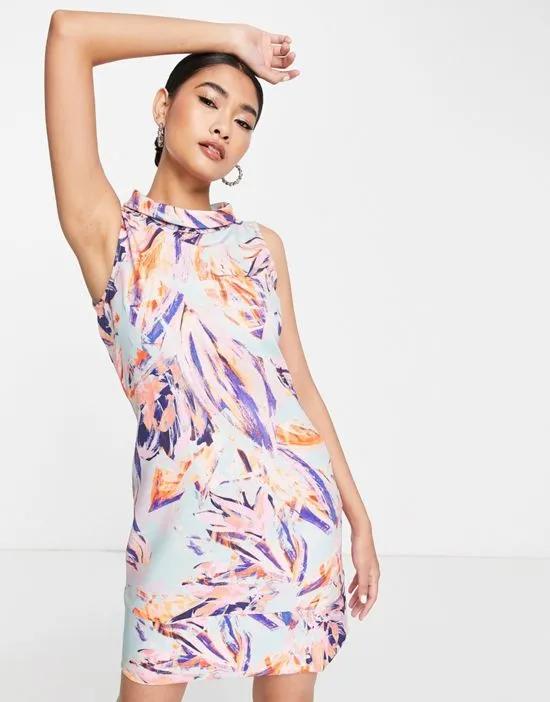 high neck shift mini dress in abstract print