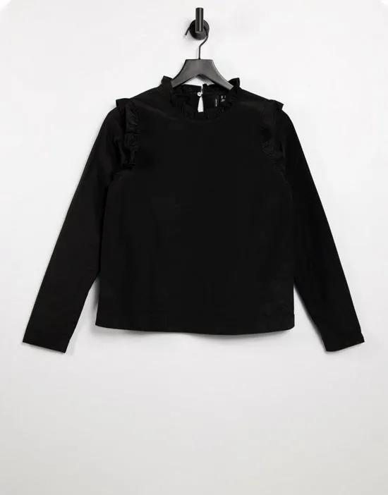 high neck t-shirt with ruffle trims in black