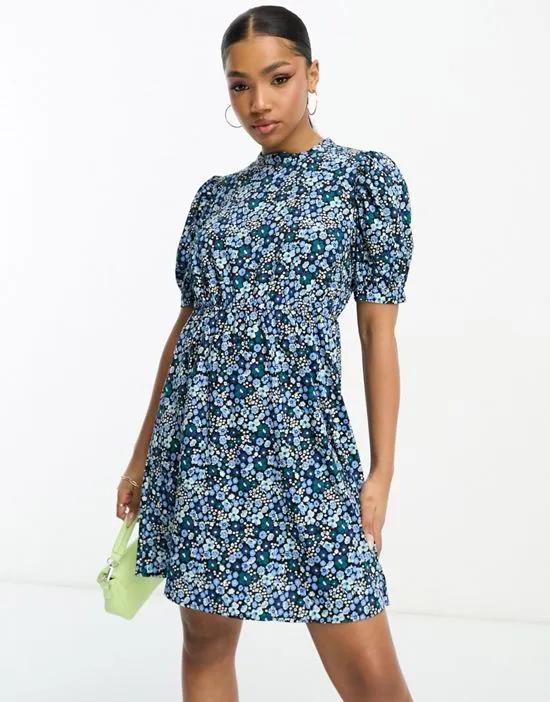 high neck tiered mini dress in blue ditsy floral