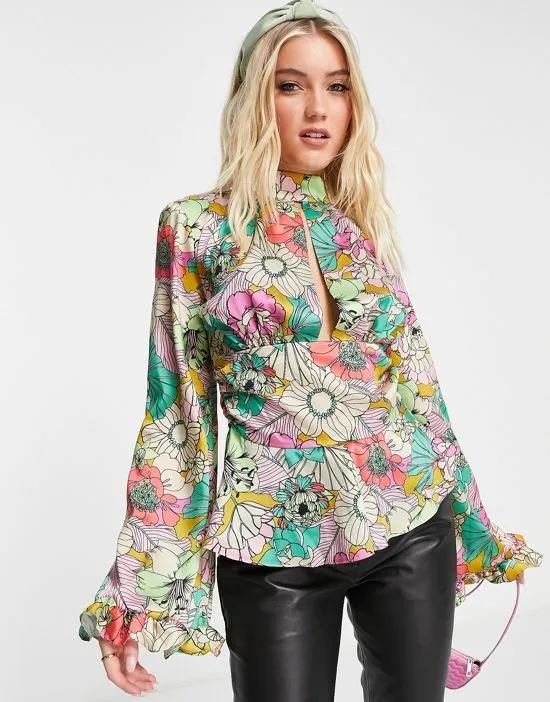high neck top with cut out detail in 60s floral print