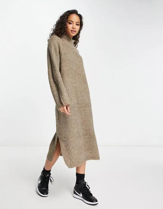 high neck wide sleeve midi sweater dress in camel