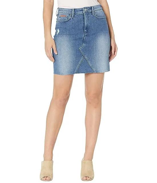 High-Rise A-Line Denim Skirt w/ Multicolor Contrast Piping in Destructed Lunar