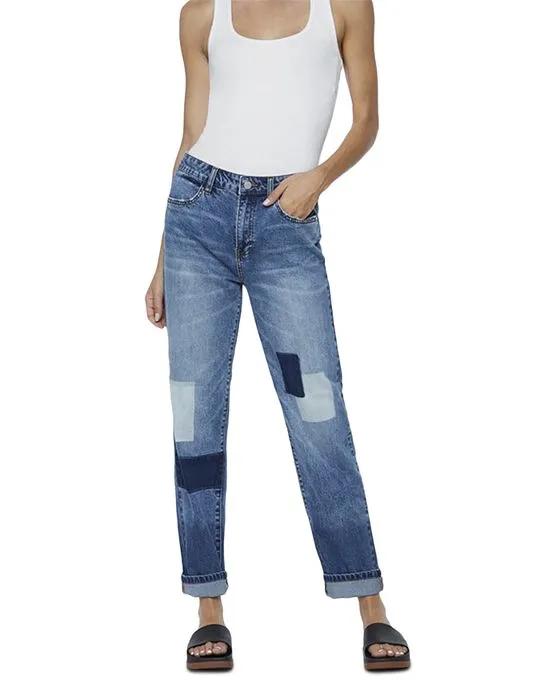 High Rise Ankle Straight Leg Jeans in Patch Denim