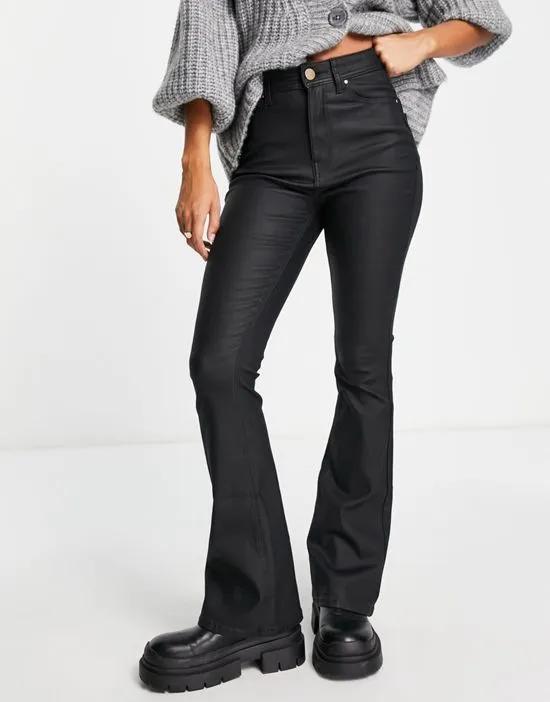high rise coated flare jeans in black
