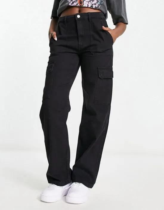 high rise contrast stitch baggy cargo jeans in black