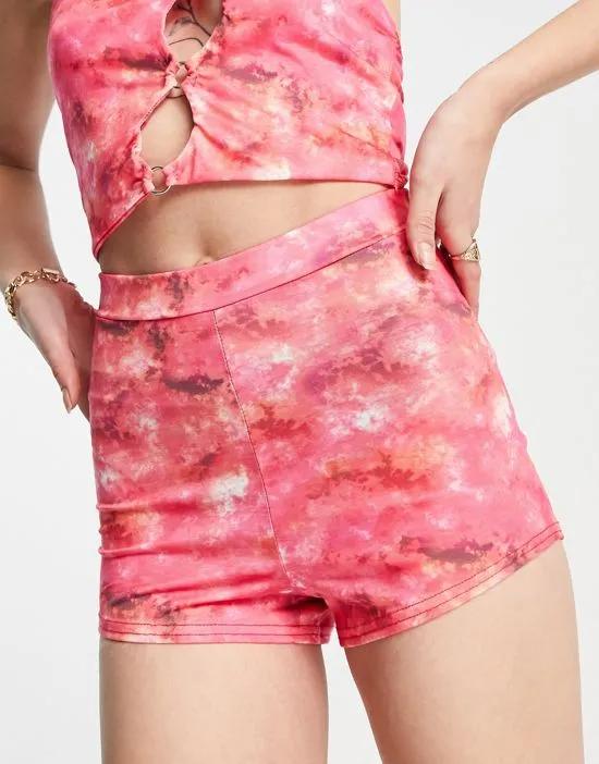 high rise hot pant shorts in pink print - part of a set