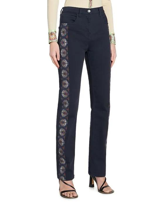 High Rise Straight Leg Embroidered Ankle Jeans in Navy