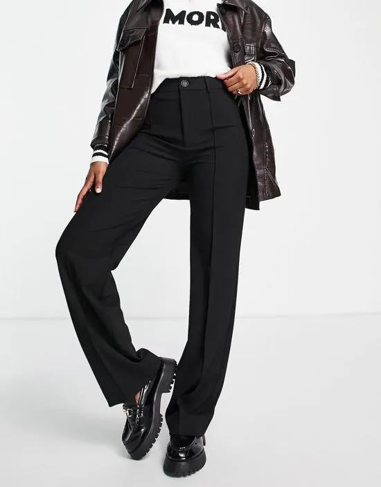 high rise tailored straight leg pants with front seam in black