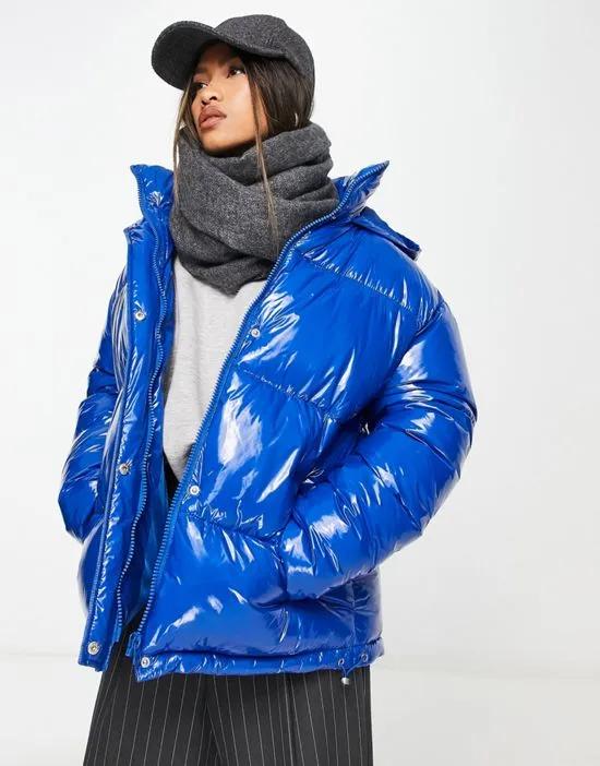 high shine puffer jacket in blue