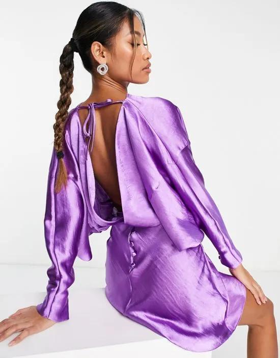 high shine satin backless balloon sleeve mini dress in purple