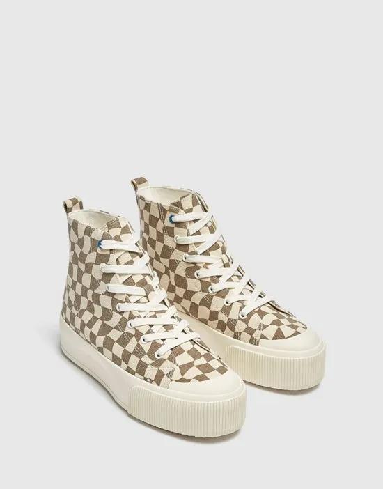 high top check sneakers in brown and white