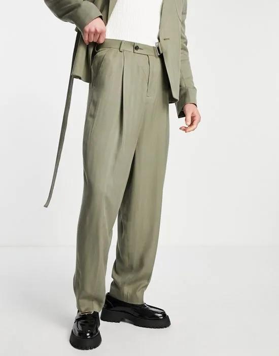 high waist balloon suit pants in olive herringbone