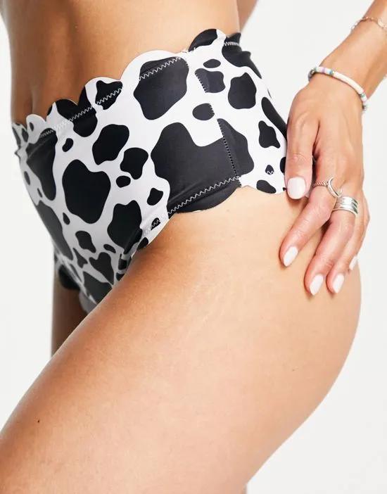 high waist bikini bottoms with scalloped edge in cow print