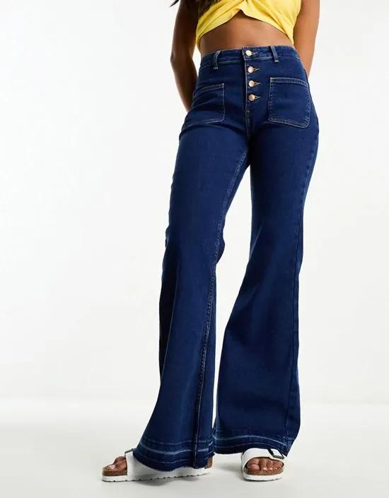 high waist button front flare jeans in river blue