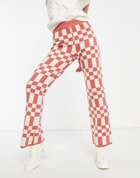 high waist flared pants in pink check - part of a set