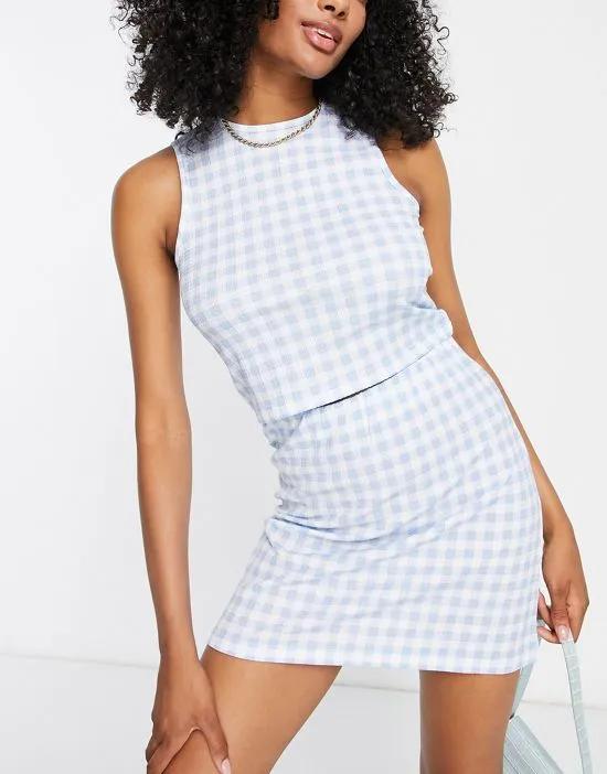 high waist notch front mini skirt in pale blue gingham - part of a set