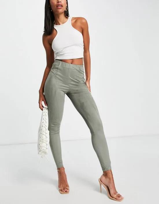 high waist skinny pant in faux suede in khaki