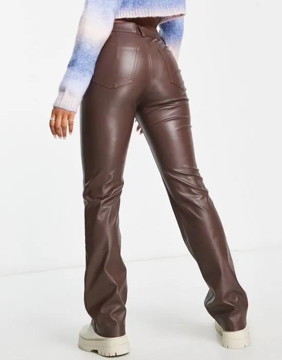 high waist straight leg faux leather pants in brown