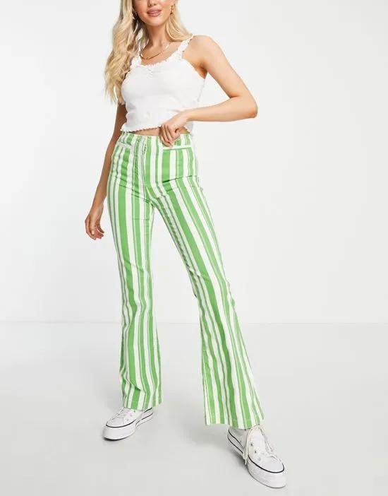 high waist stripe print flared pants with front pockets in green