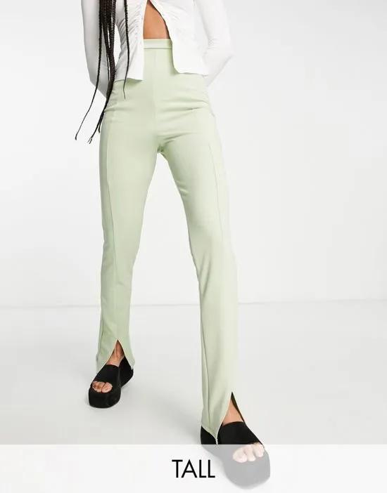 high waist tailored stretch pants with split front in sage