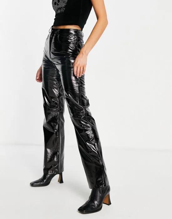 high waist wide leg patent leather pants in black