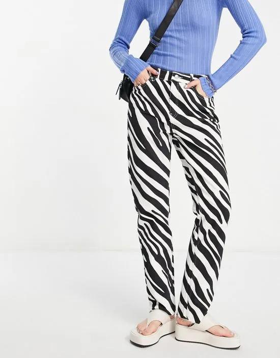 high waist zebra print straight leg jeans in black and white