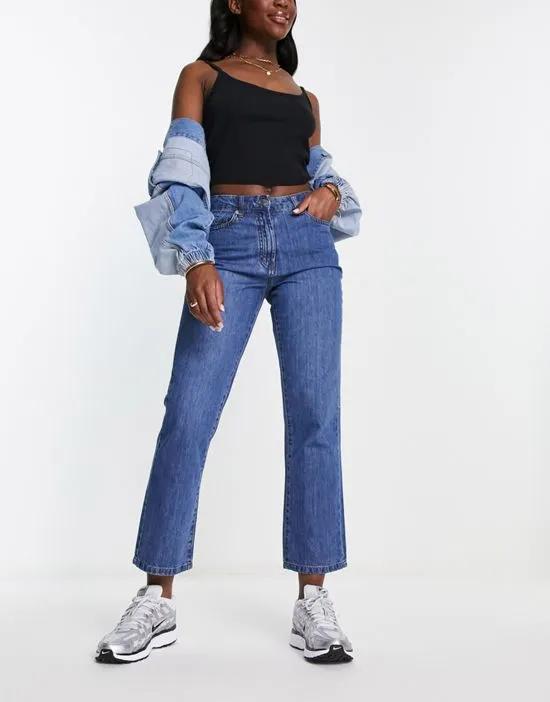 high waisted boyfriend jeans in mid wash blue