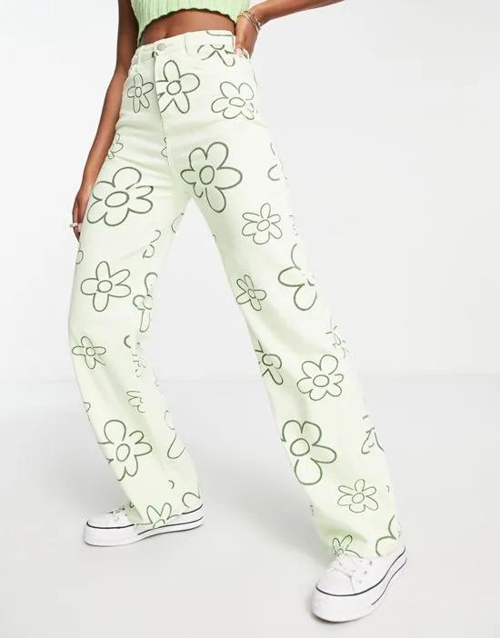 high waisted flare jeans in lime green scribble