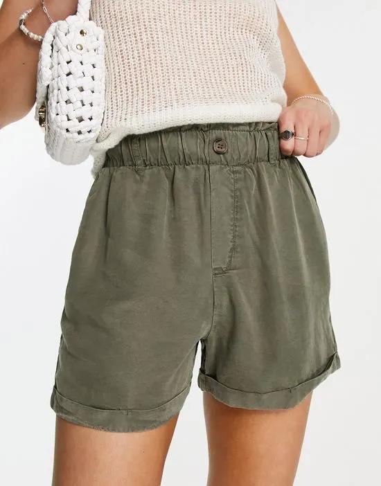 high waisted paperbag shorts in khaki