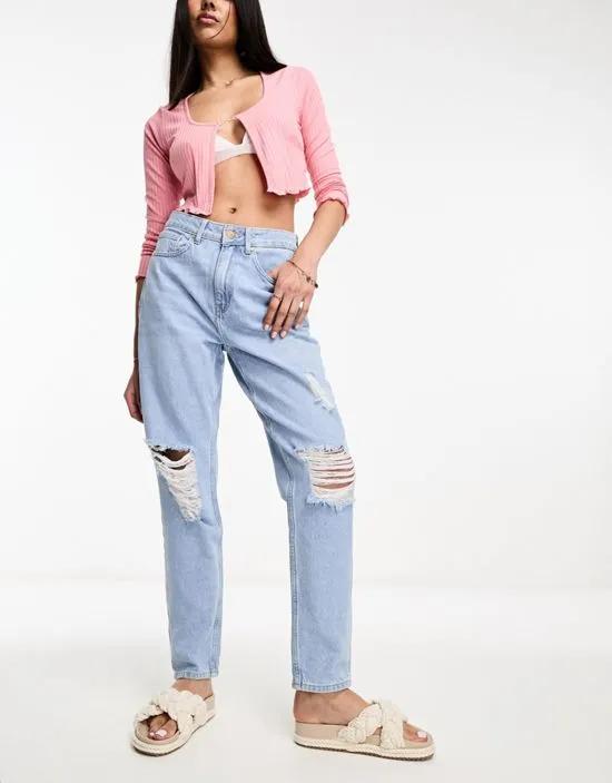high waisted straight leg distressed jeans in light blue