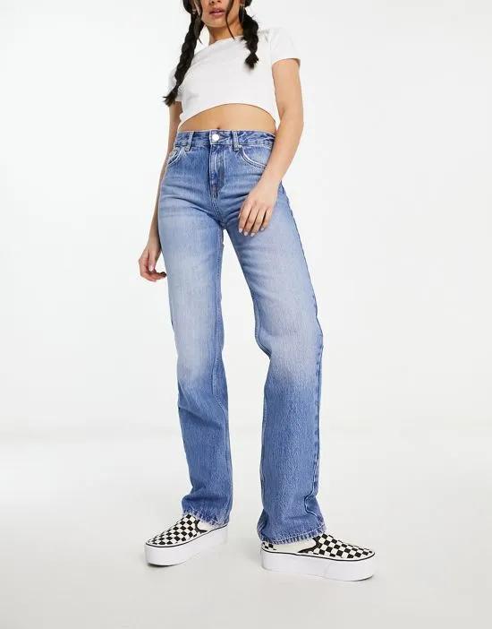 high waisted straight leg jeans in mid blue