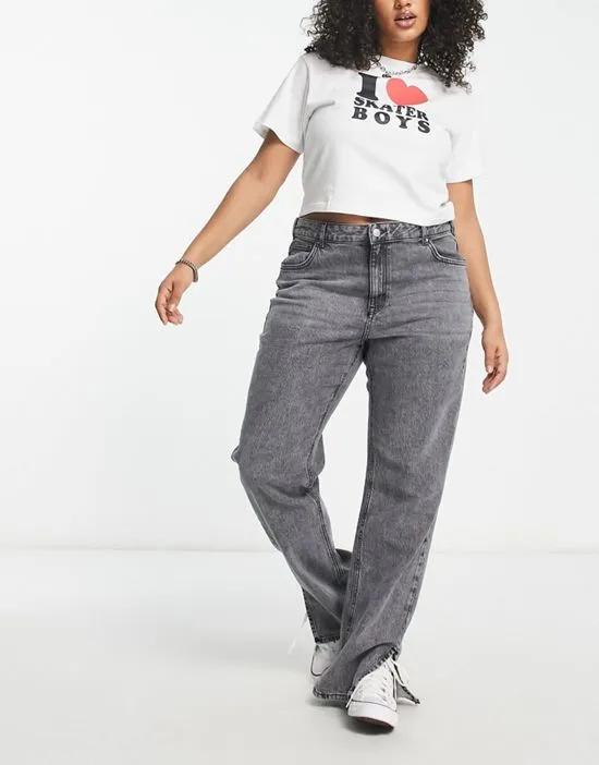 high waisted straight leg jeans with split hem in gray acid wash