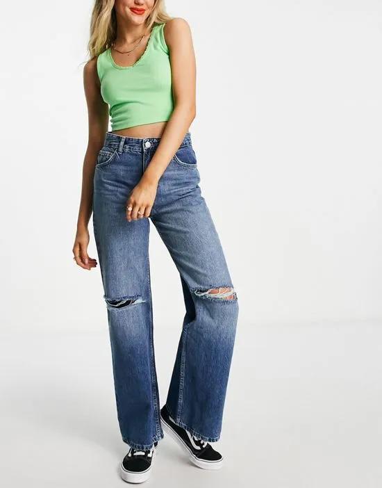 high waisted wide leg frayed hem jean with rips in blue