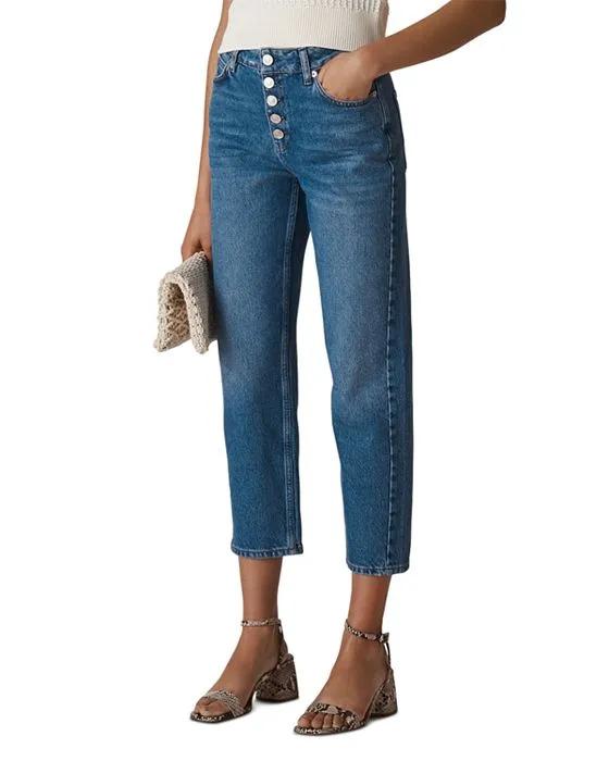 Hollie Button-Fly High Rise Cropped Straight Jeans in Denim