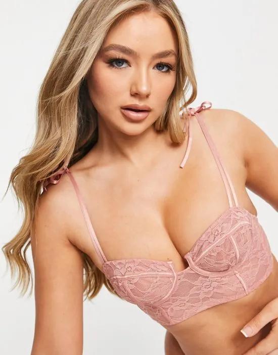 Holly floral lace bralet with tie straps in dusty pink