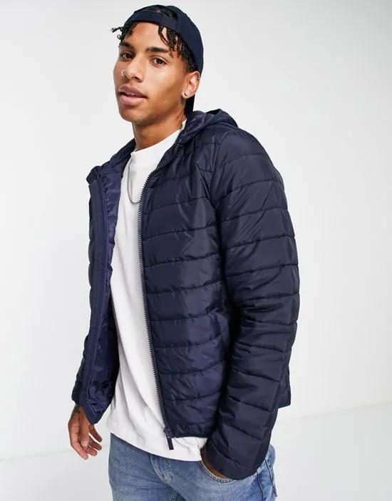 hooded puffer in navy