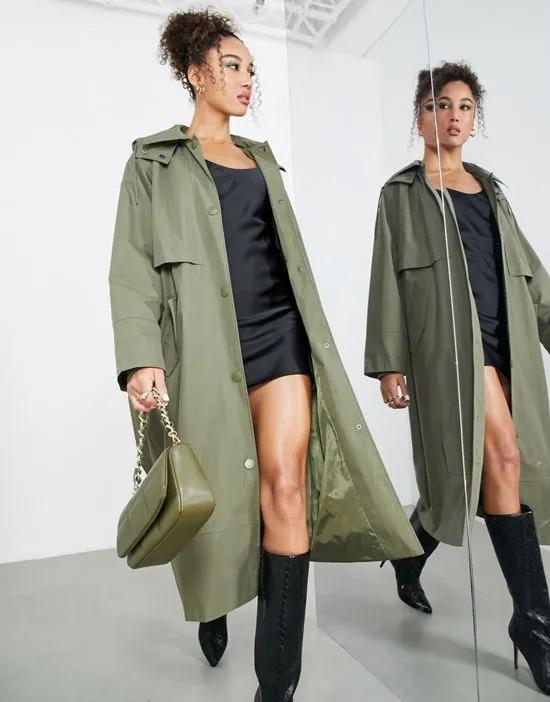 hooded trench coat in khaki