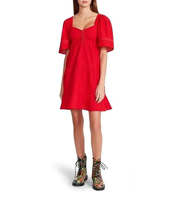 Hook Front Embroidered Cotton Tiered Mini Dress