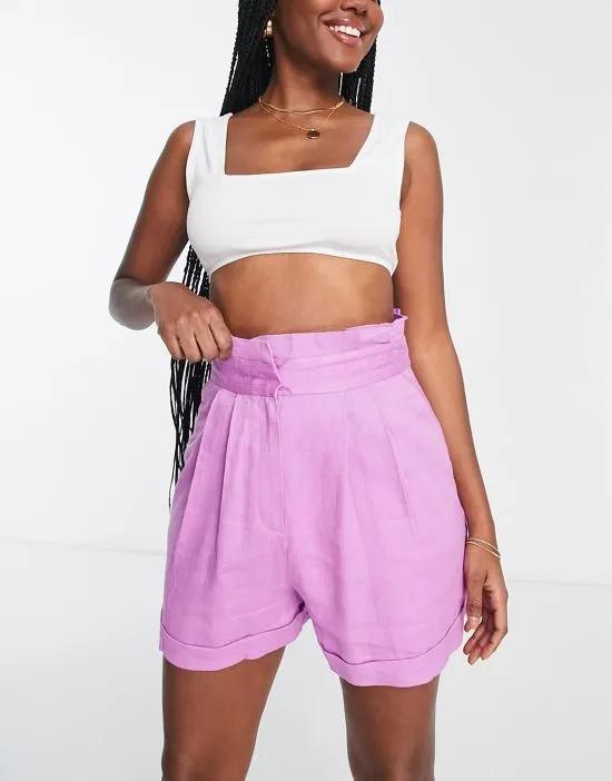 Hourglass linen paperbag waist shorts in pink