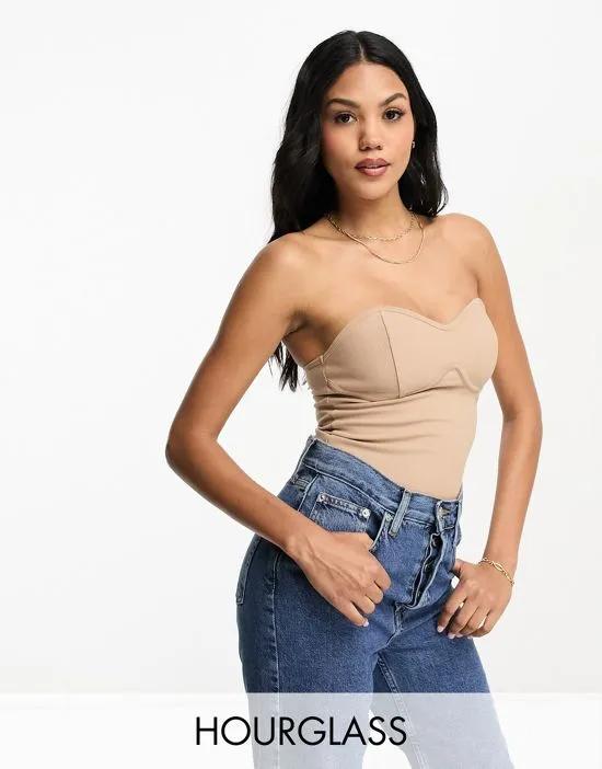 Hourglass long line chunky rib bandeau top with bust seam detail in camel