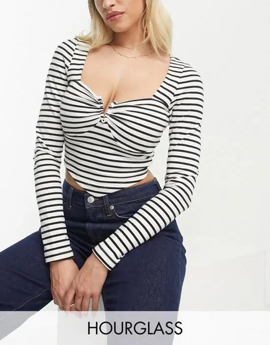 Hourglass long sleeve crop top with v wire in mono stripe