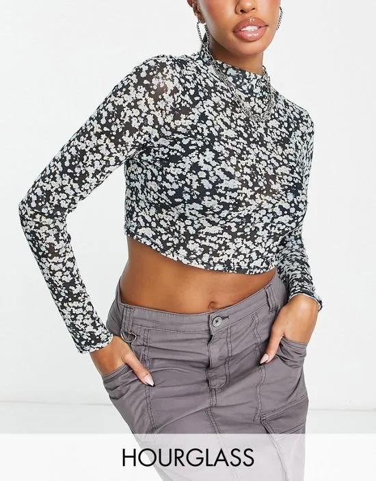 Hourglass mesh high neck long sleeve top in blue floral print