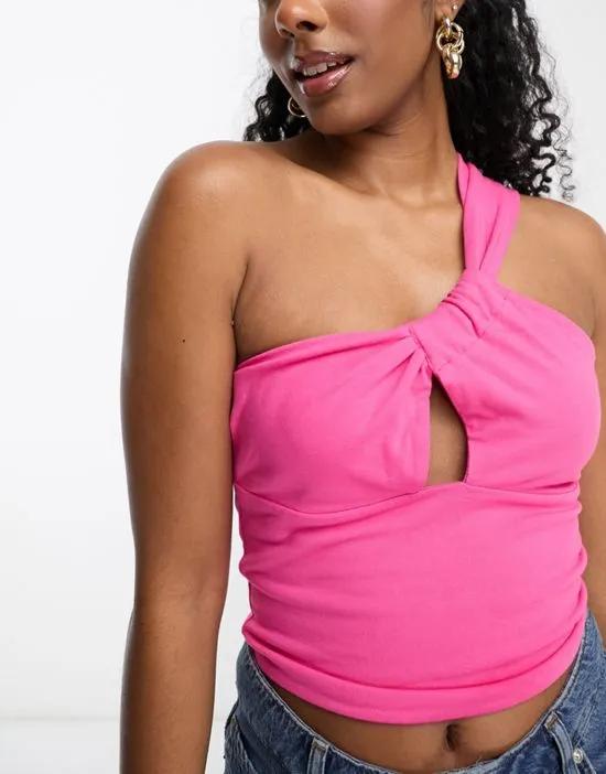 Hourglass one shoulder sun top with front knot detail in bright pink