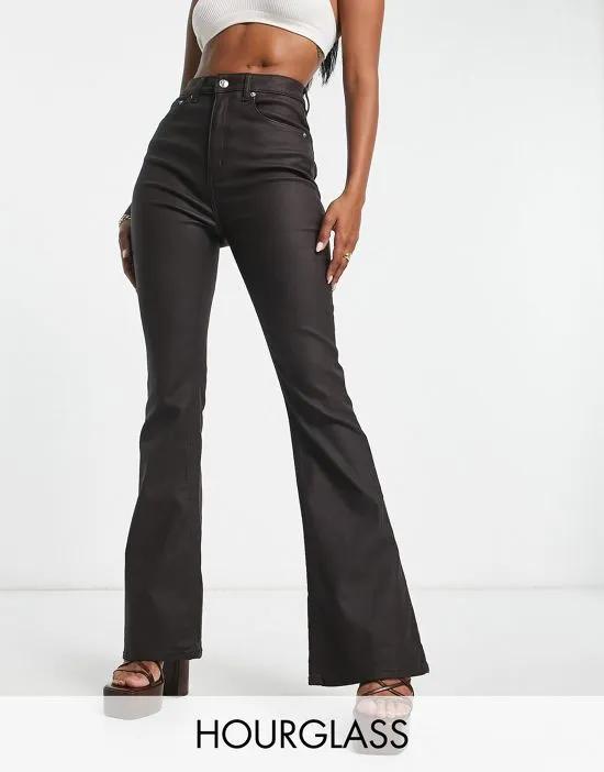 Hourglass power stretch flared jean in coated chocolate brown